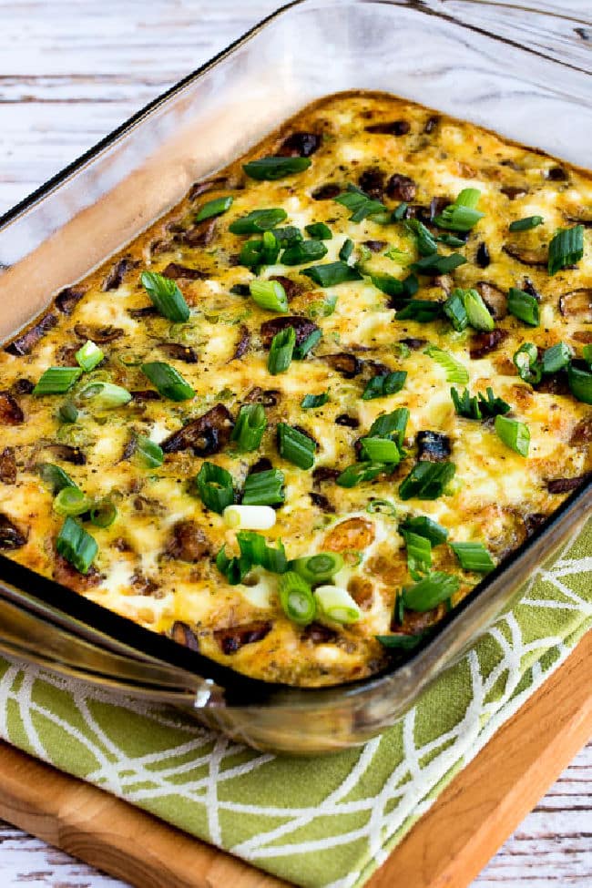 Sausage, Mushrooms, and Feta Baked with Eggs shown in baking dish.