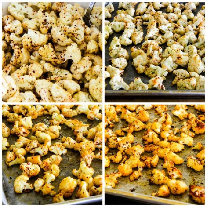 Roasted Spicy Cauliflower how-to-collage showing recipe steps.