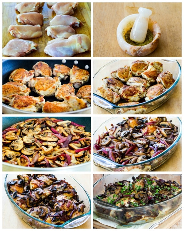 Low-Carb Roasted Chicken Thighs with Mushrooms, Onions, and Rosemary process shots collage