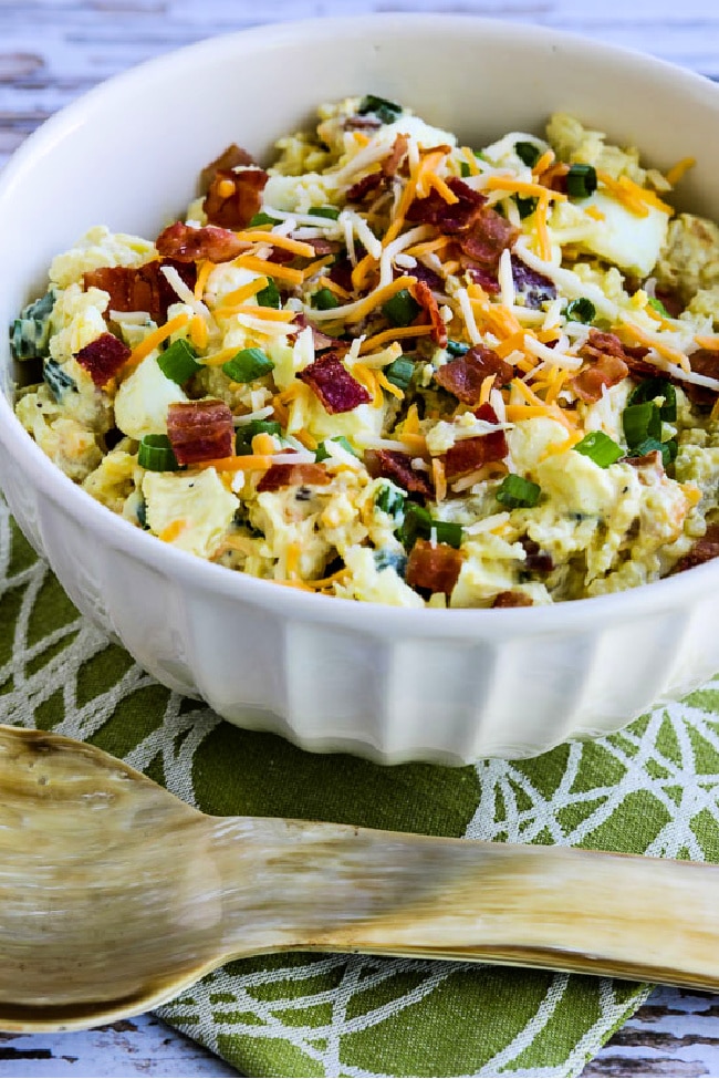 Loaded Cauliflower Mock Potato Salad finished salad in serving bowl