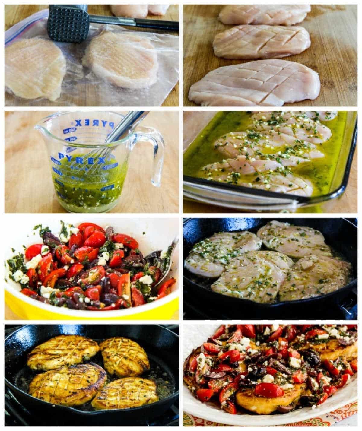 Greek Chicken with Tomato, Olive, and Feta Topping collage of recipe steps