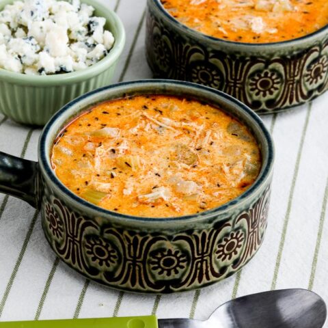 Instant Pot Low-Carb Buffalo Chicken Soup with Crumbled Blue Cheese found on KalynsKitchen.com