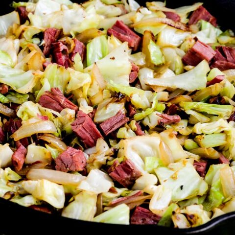 Low-Carb Fried Cabbage with Corned Beef found on KalynsKitchen.com