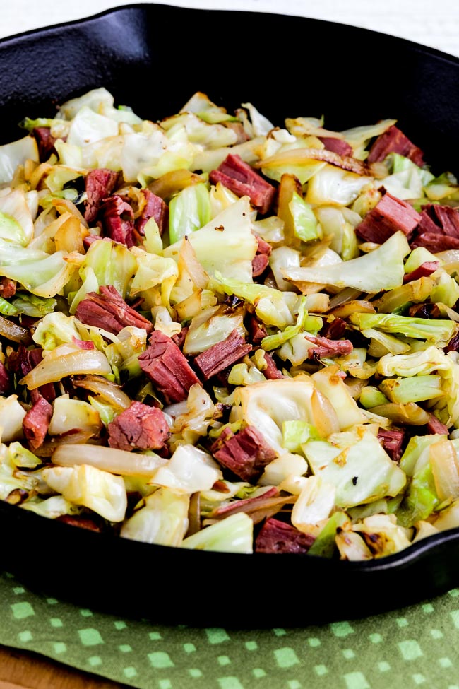 Low-carb fried cabbage with corned beef found on KalynsKitchen.com