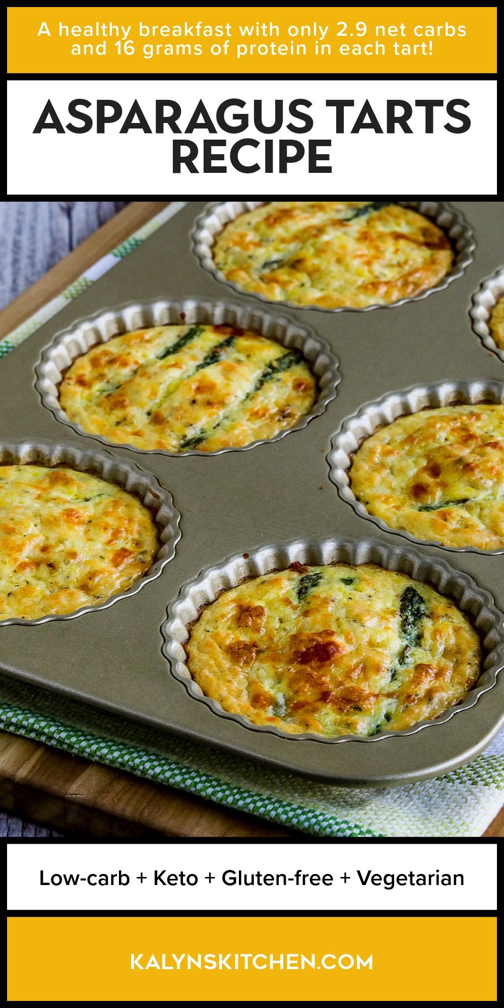 Pinterest image for Asparagus Tarts Recipe showing tarts in tart pan.