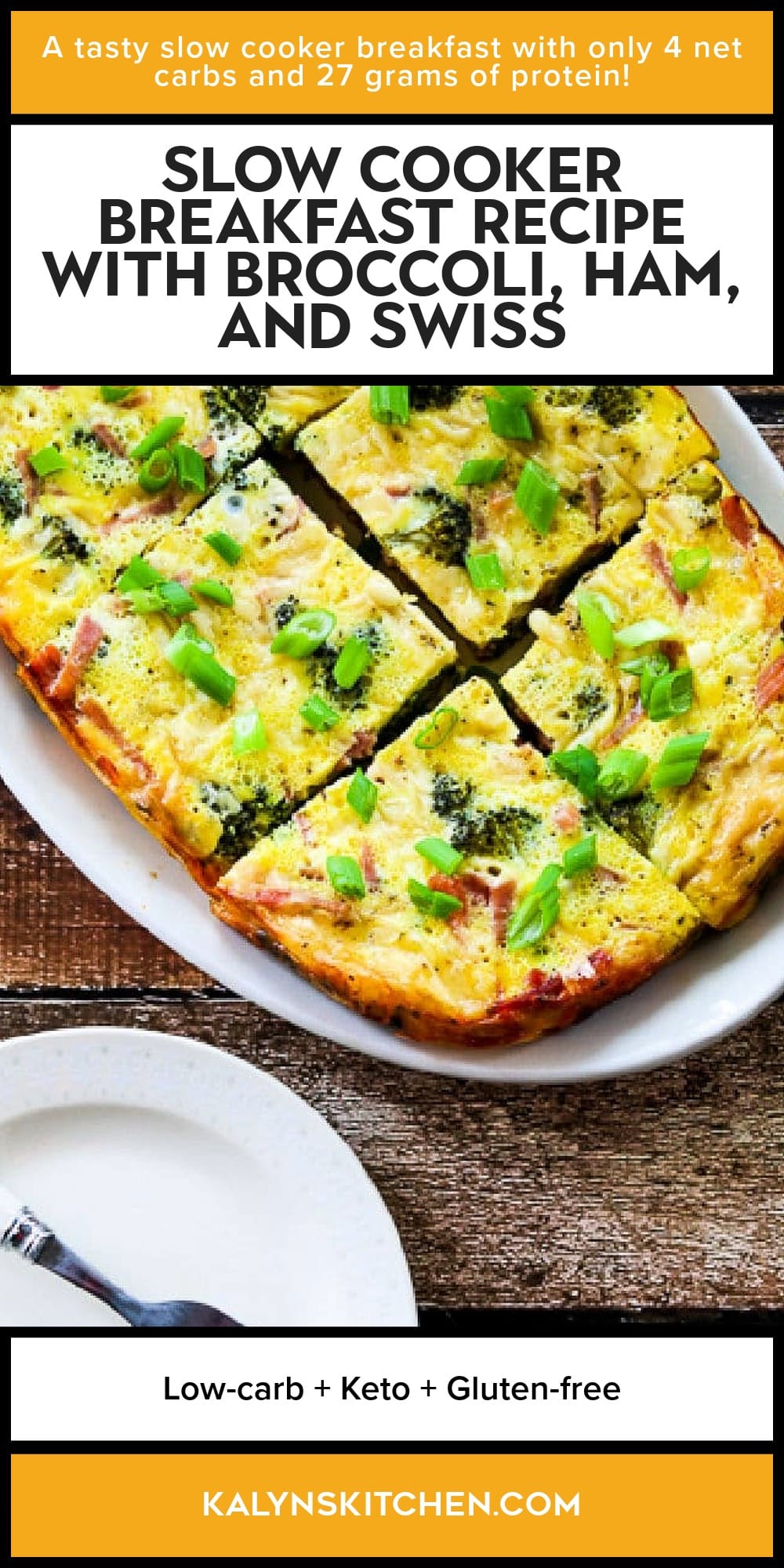 Pinterest image of Slow Cooker Breakfast Recipe with Broccoli, Ham, and Swiss