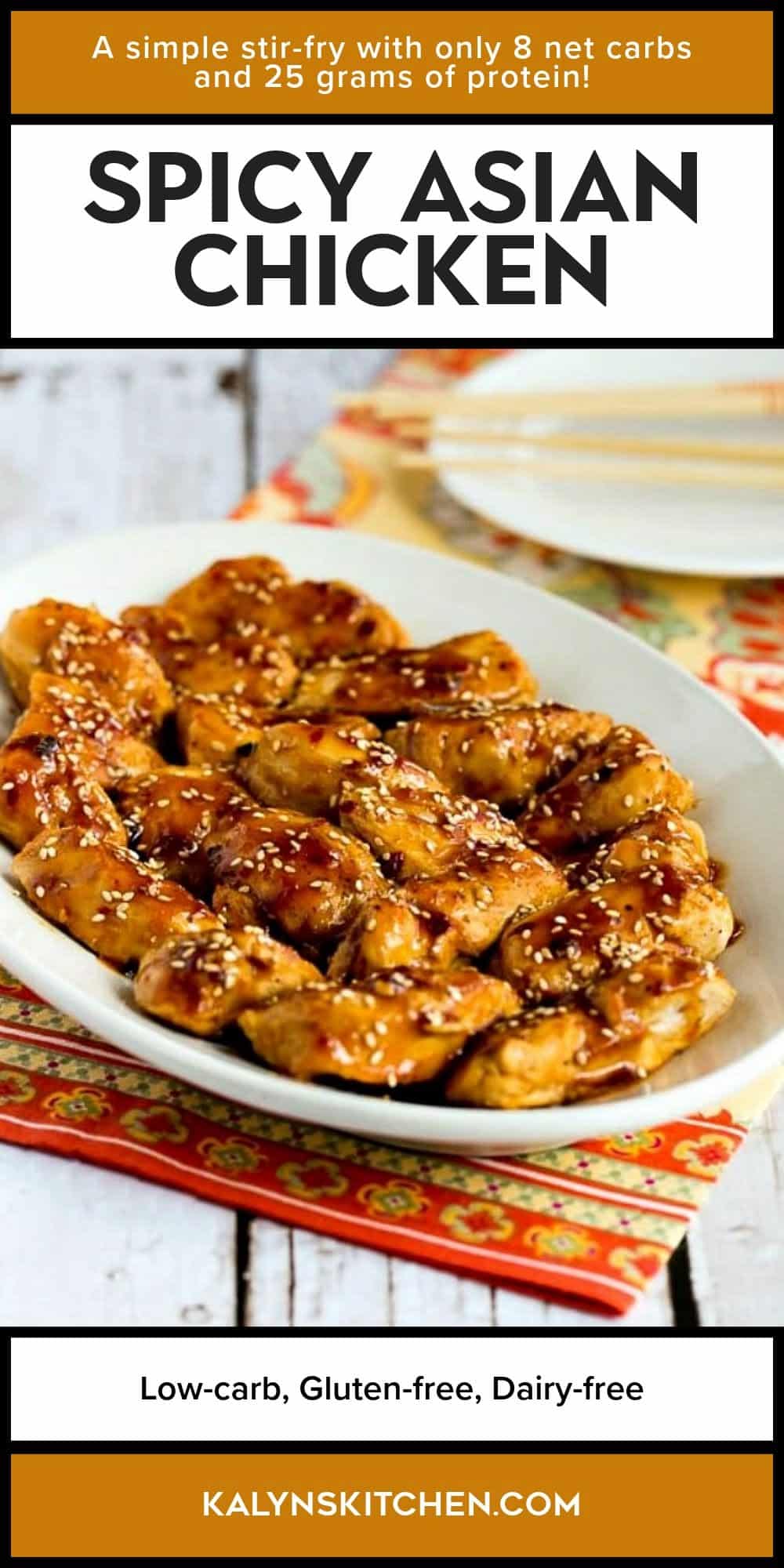 Pinterest image for Spicy Asian Chicken shown on serving platter.