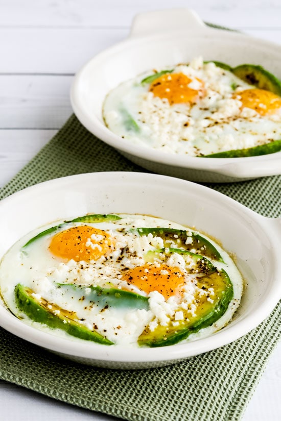 Baked Eggs with Avocado and Feta finished dish in small baking dishes