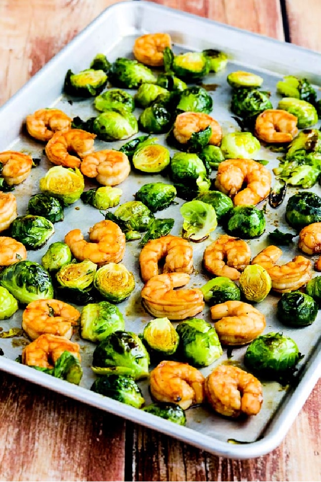 Roasted Asian Shrimp and Brussels Sprouts Sheet Pan Meal cooked dish on sheet pan