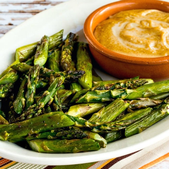 Asparagus with Tahini-Peanut Dipping Sauce square image of finished dish