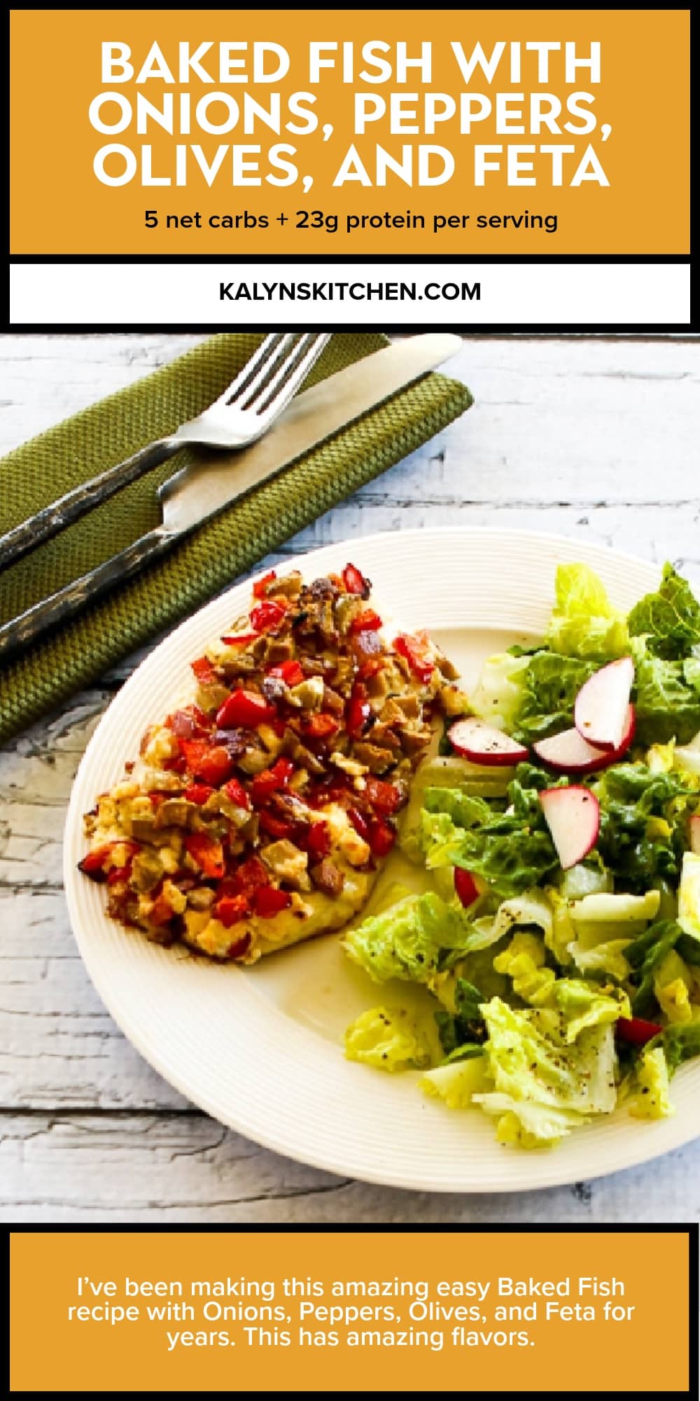 Pinterest image of Baked Fish with Onions, Peppers, Olives, and Feta