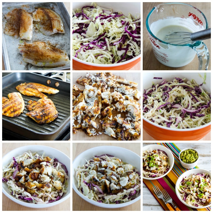 Fish taco cabbage bowl process shot collage