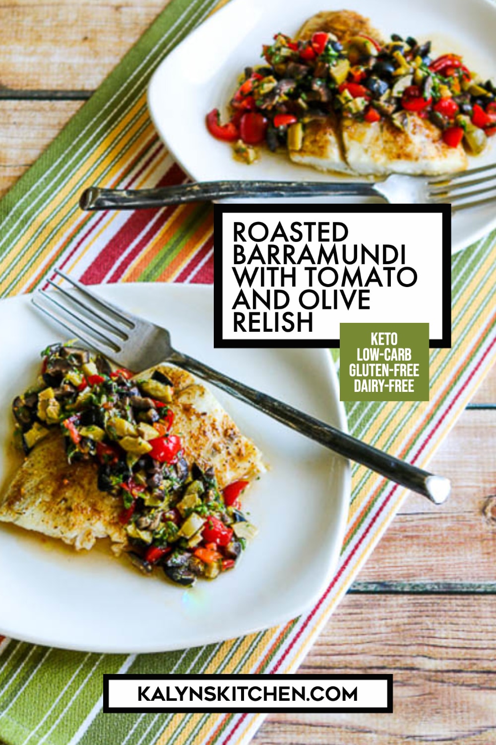 Pinterest image of Roasted Barramundi with Tomato and Olive Relish