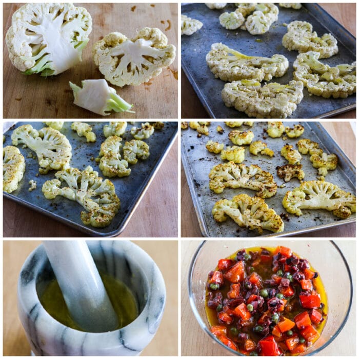 process shots for making Roasted Cauliflower Steaks with Red Pepper, Capers, and Olives
