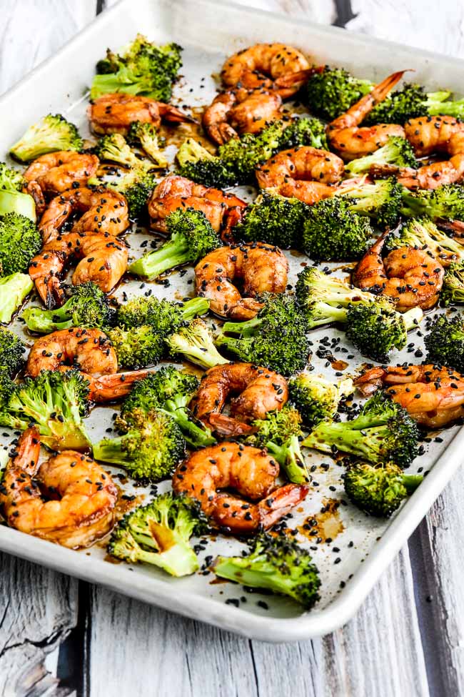 Sriracha-Spiced Shrimp and Broccoli Sheet Pan Meal shown on sheet pan 