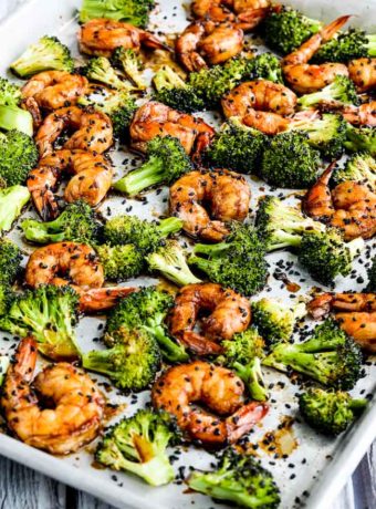 Sriracha-Spiced Shrimp and Broccoli Sheet Pan Meal found on KalynsKitchen.com