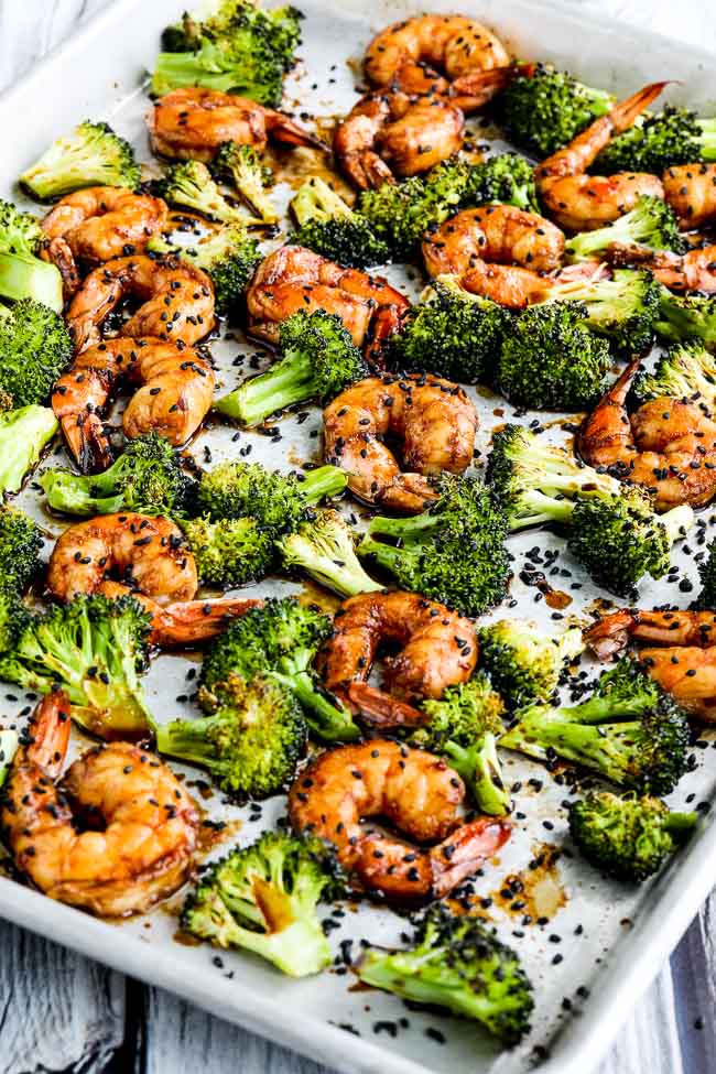 Sriracha-Spiced Shrimp and Broccoli Sheet Pan Meal found on KalynsKitchen.com