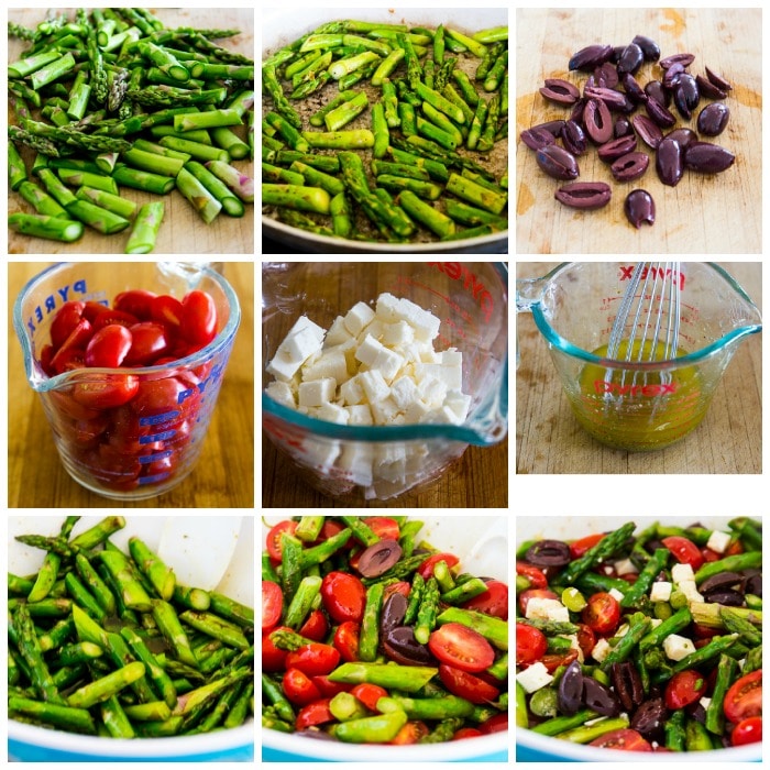 Asparagus Salad with Cherry Tomatoes, Kalamata Olives, and Feta process shots collage