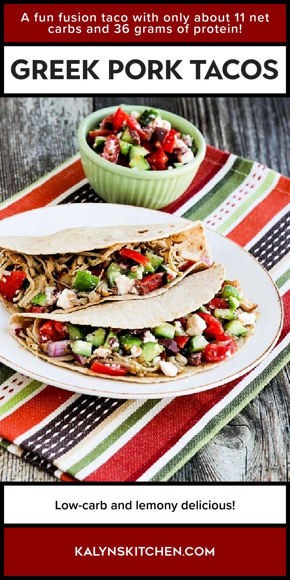 Pinterest image for Greek Pork Tacos shown with two tacos on plate and Greek Salsa in back.