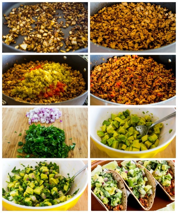 Process shots collage for making ground turkey tacos with green chiles.