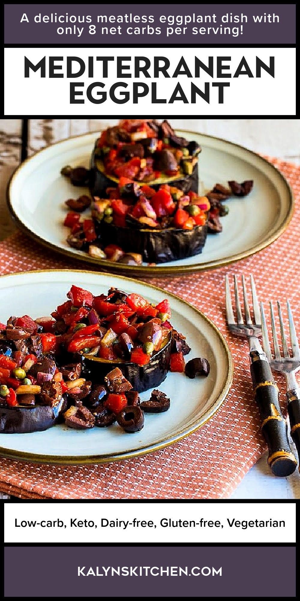 Pinterest image for Mediterranean Eggplant shown on two serving plates with forks.