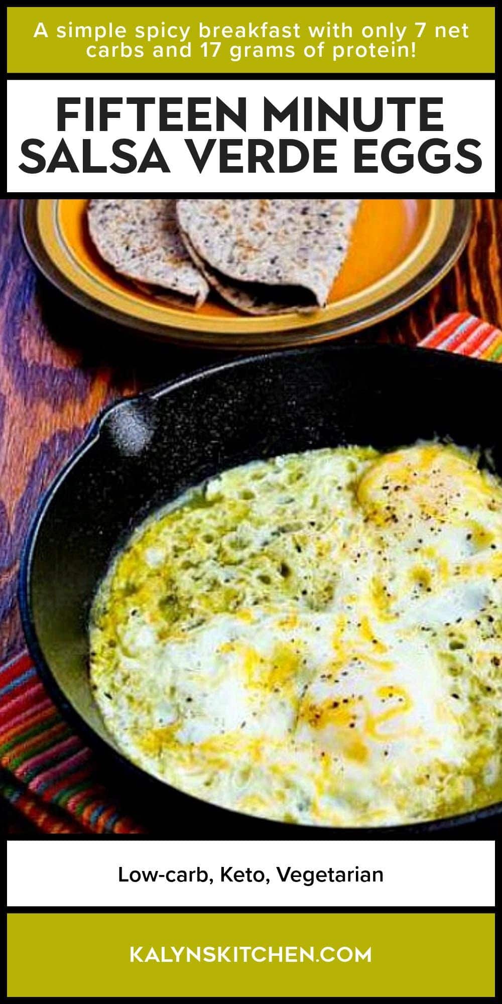 Pinterest image for Salsa Verde Eggs shown in frying pan with low-carb tortillas in back.