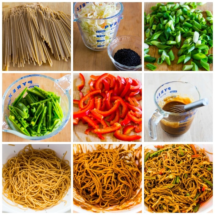 Whole Wheat Sesame Noodles with Spicy Peanut-Sriracha Sauce process shots collage