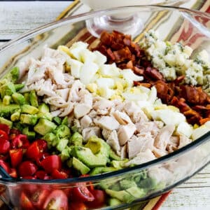 Lettuce-Free Keto Cobb Salad in serving platter on napkin