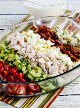 Lettuce-Free Keto Cobb Salad in serving platter on napkin