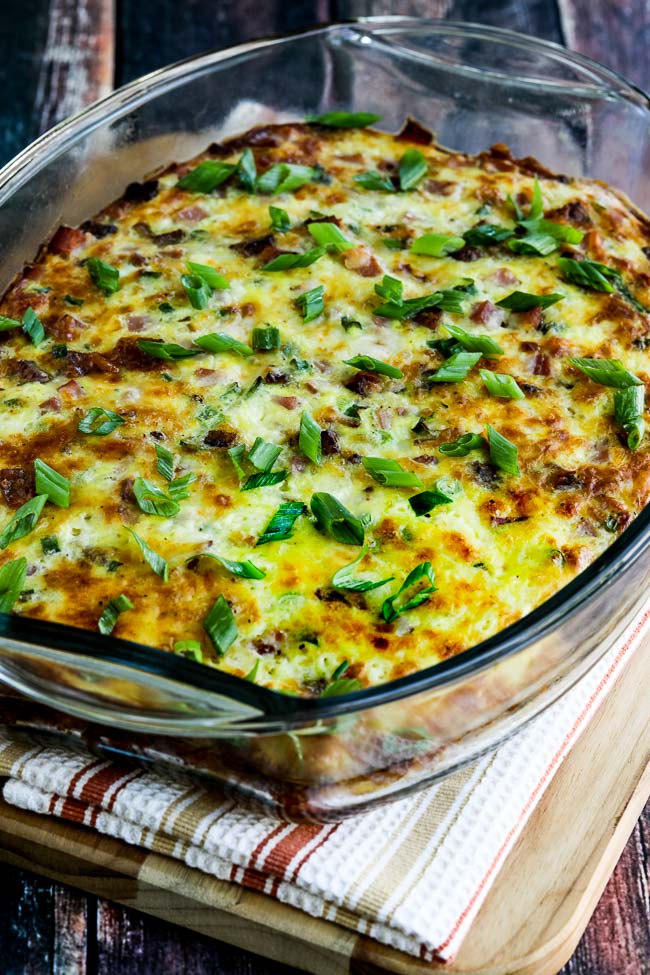 Pork Lover's Keto Breakfast Casserole finished casserole in baking dish