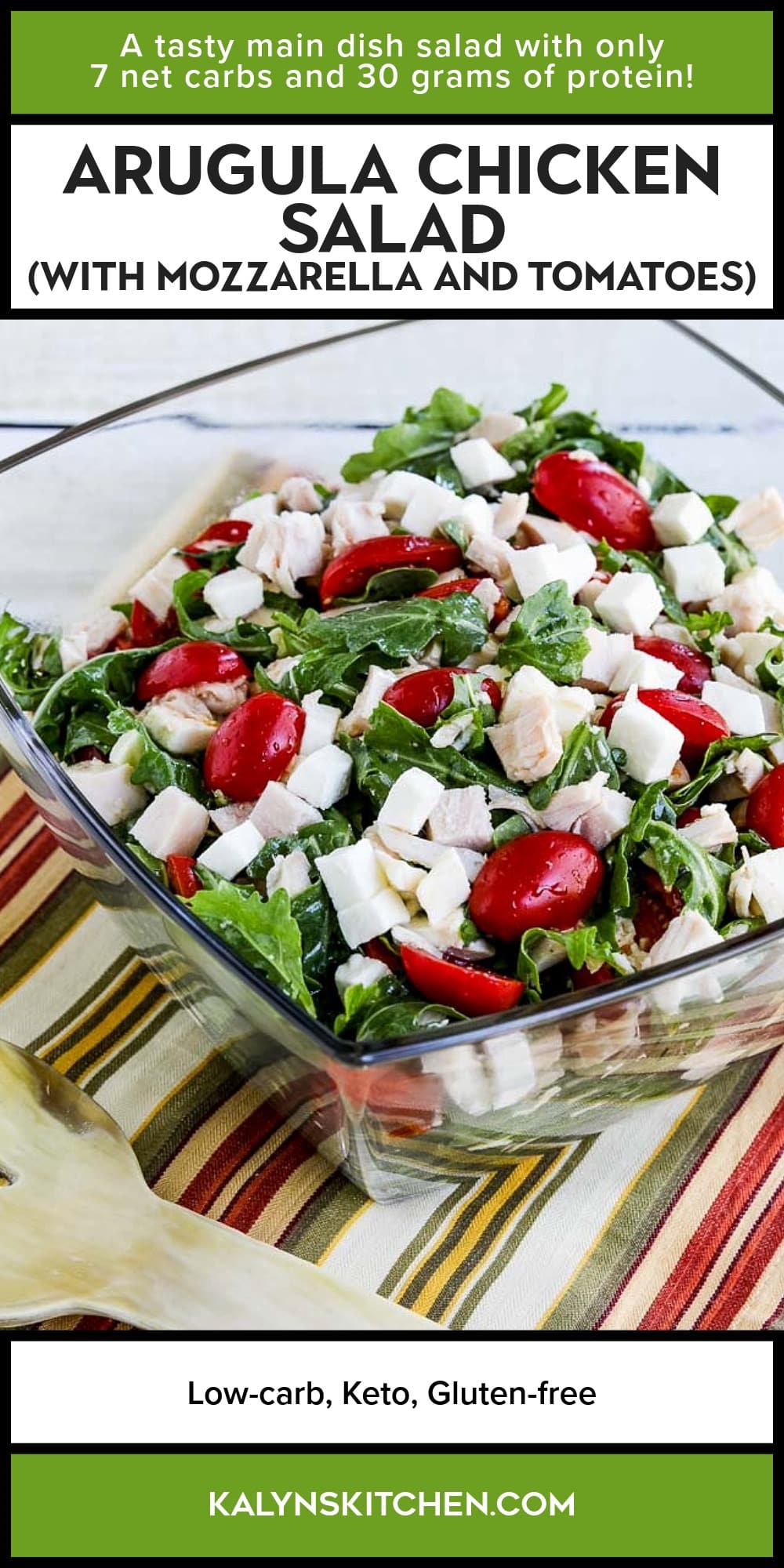 Pinterest image of Arugula Chicken Salad (with Mozzarella and Tomatoes)