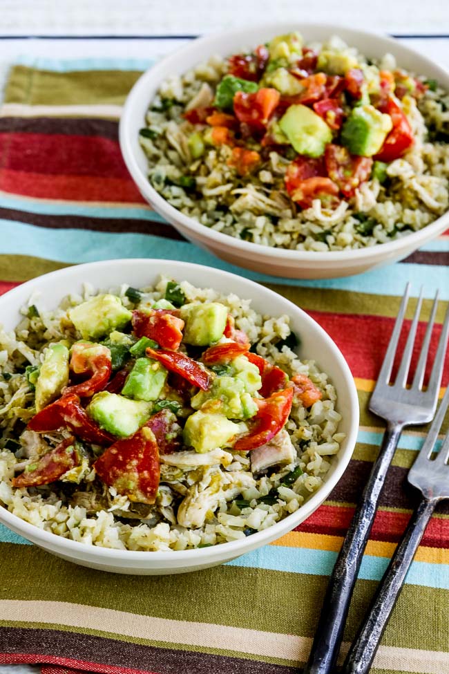 Green Chile Chicken Burrito Bowl finished dish with two servings