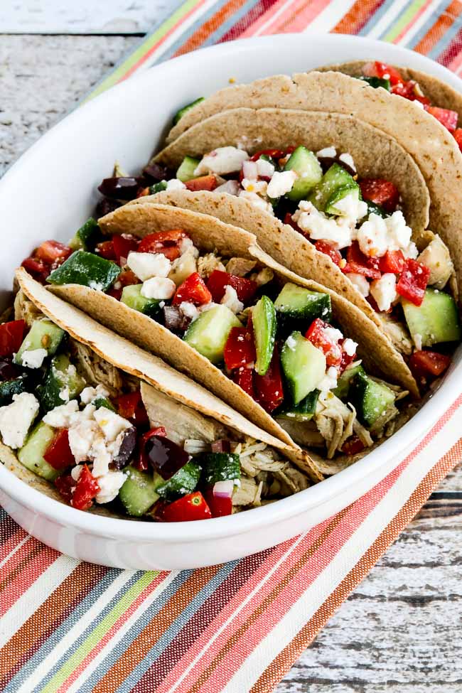 Instant Pot Greek Chicken Tacos finished tacos on serving dish