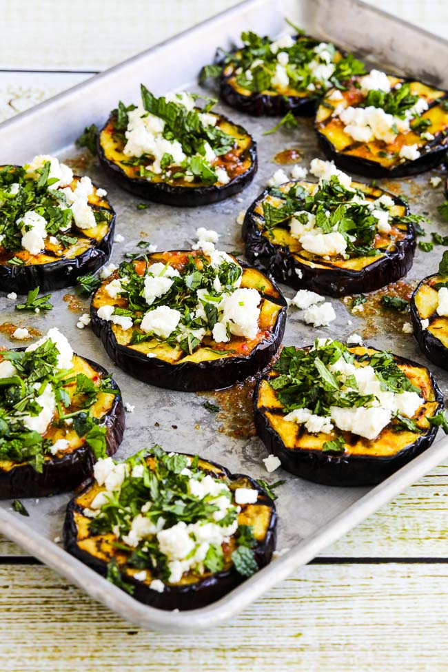 Grilled Eggplant with Feta and Herbs finished dish on baking sheet
