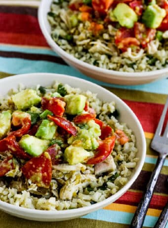 Green Chile Chicken Burrito Bowl square image of two burrito bowls on napkin