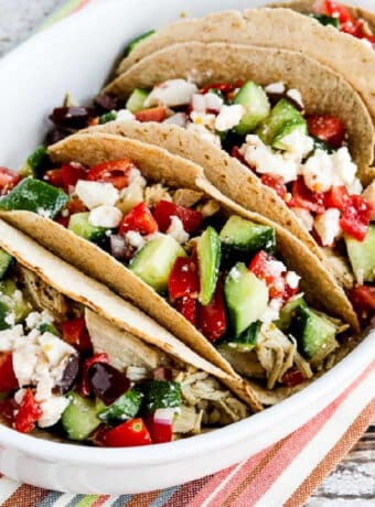 square image of Instant Pot Greek Chicken Tacos in serving dish