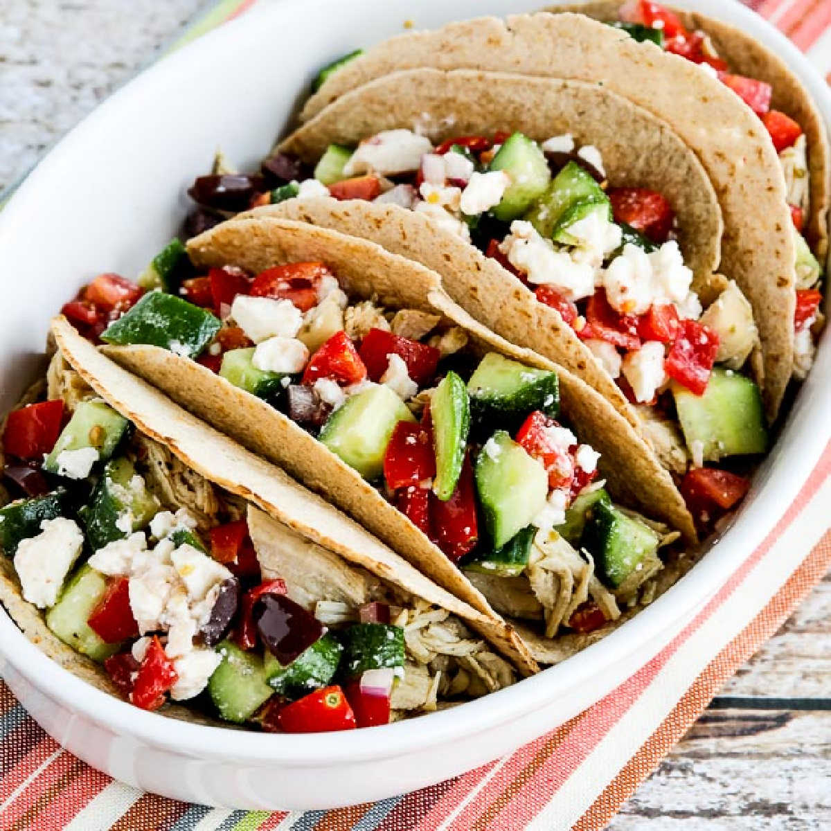 square image of Instant Pot Greek Chicken Tacos in serving dish
