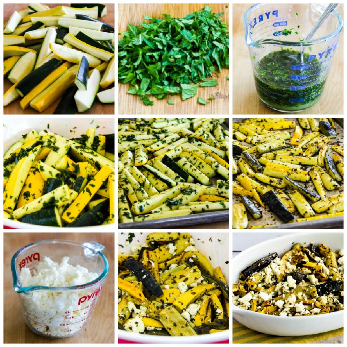 process shots collage for Baked Summer Squash with Lemon, Mint, and Feta