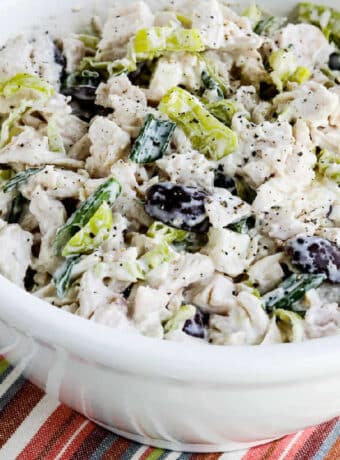 square image of Greek Chicken Salad with Peperoncini in serving bowl