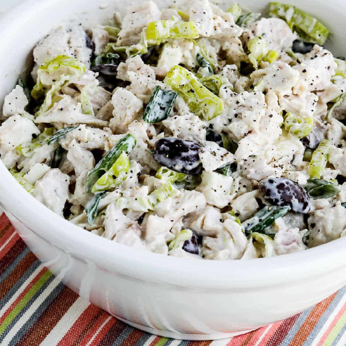 square image of Greek Chicken Salad with Peperoncini in serving bowl