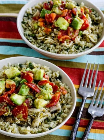 Green Chile Chicken Burrito Bowl shown in two serving bowls