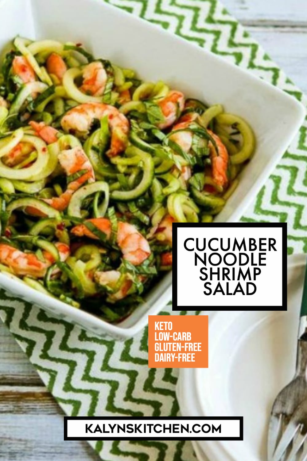 Pinterest image of Cucumber Noodle Shrimp Salad
