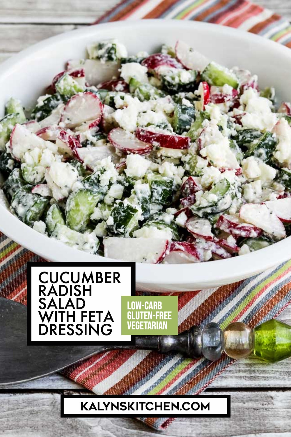 Pinterest photo of cucumber and radish salad with feta dressing