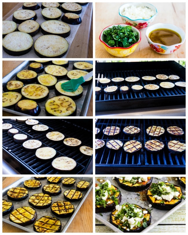 Grilled Eggplant with Garlic-Cumin Vinaigrette, Feta, and Herbs process shots collage