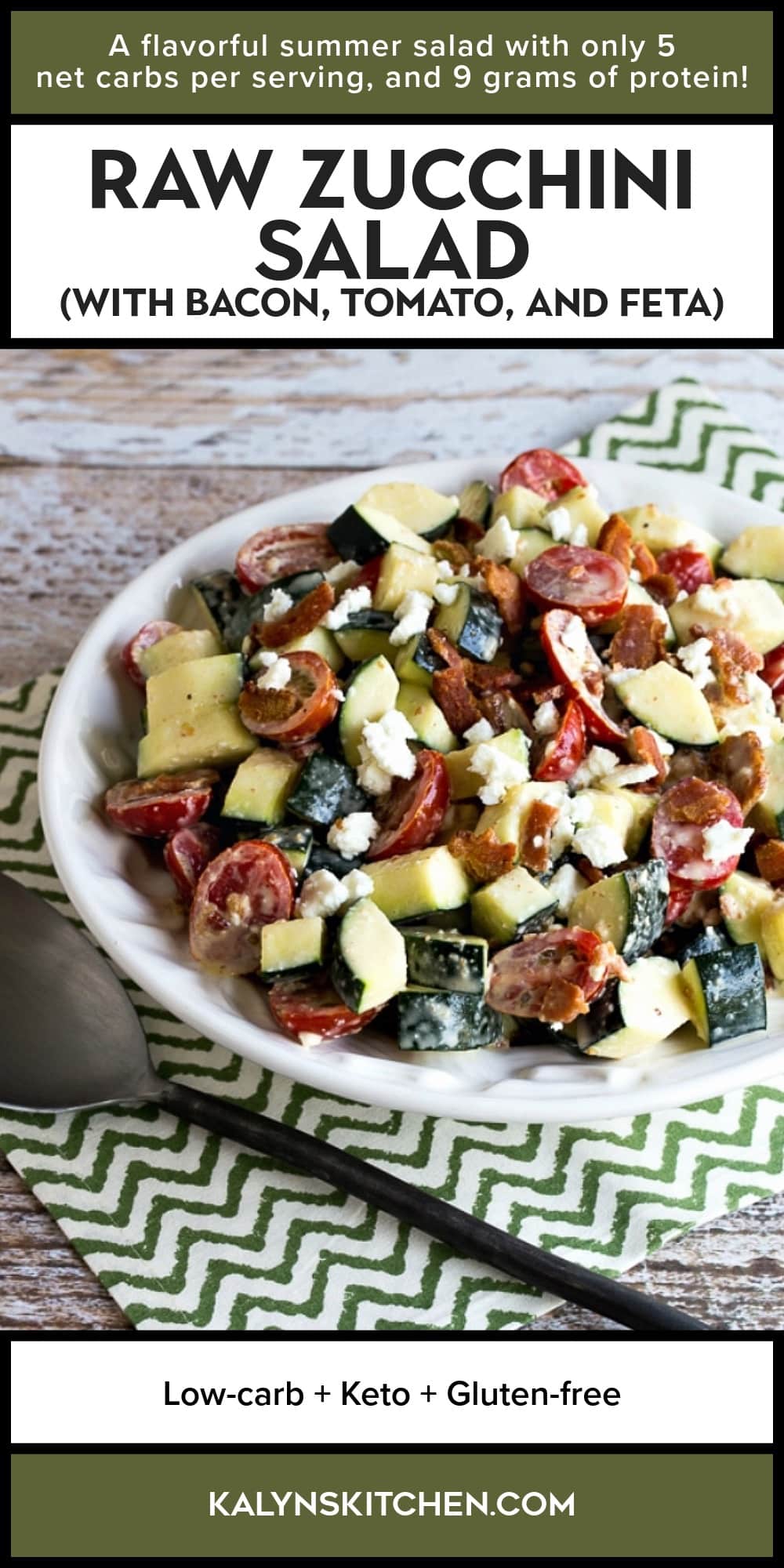 Pinterest image of Raw Zucchini Salad (with Bacon, Tomato, and Feta)