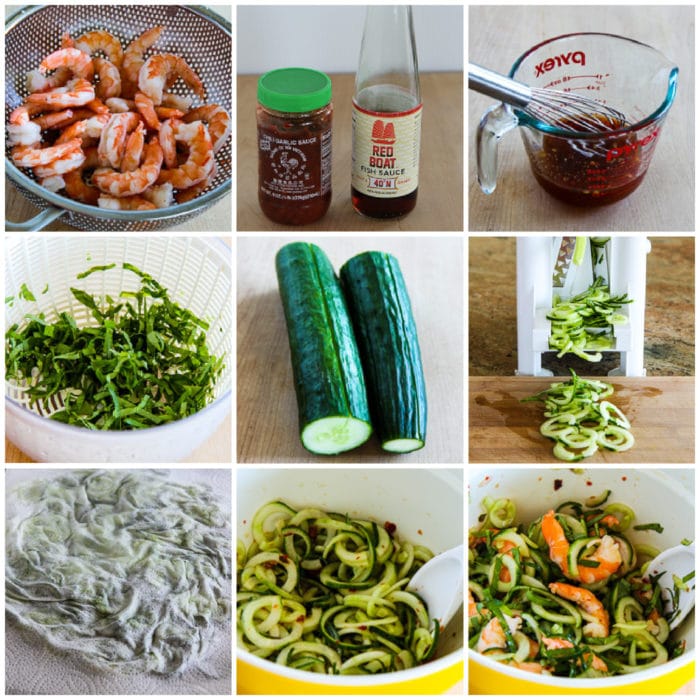 Cucumber Noodle Salad with Shrimp process shots collage with steps for the recipe