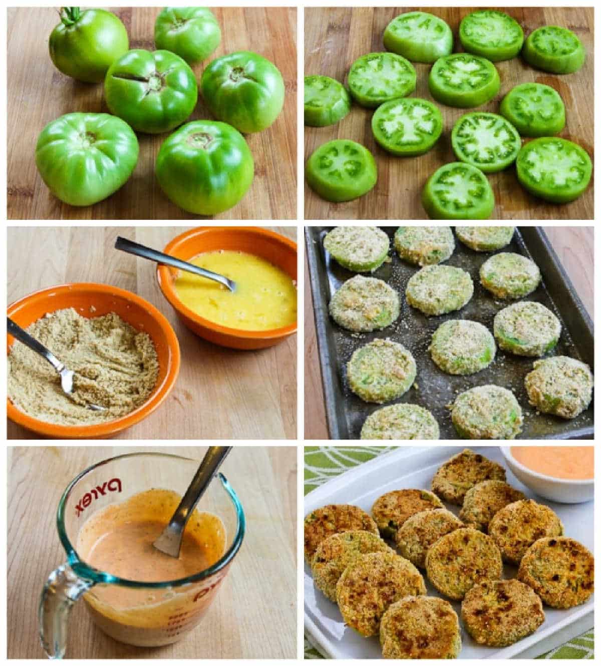Process shots collage for Oven-Fried Green Tomatoes with Sriracha-Ranch Dipping Sauce