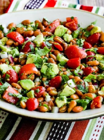 Pinto Bean Salad with Avocado and Tomatoes square image of salad in serving bowl