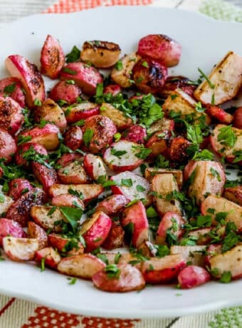 square image of Sauteed Radishes with Vinegar and Herbs shown in serving bowl