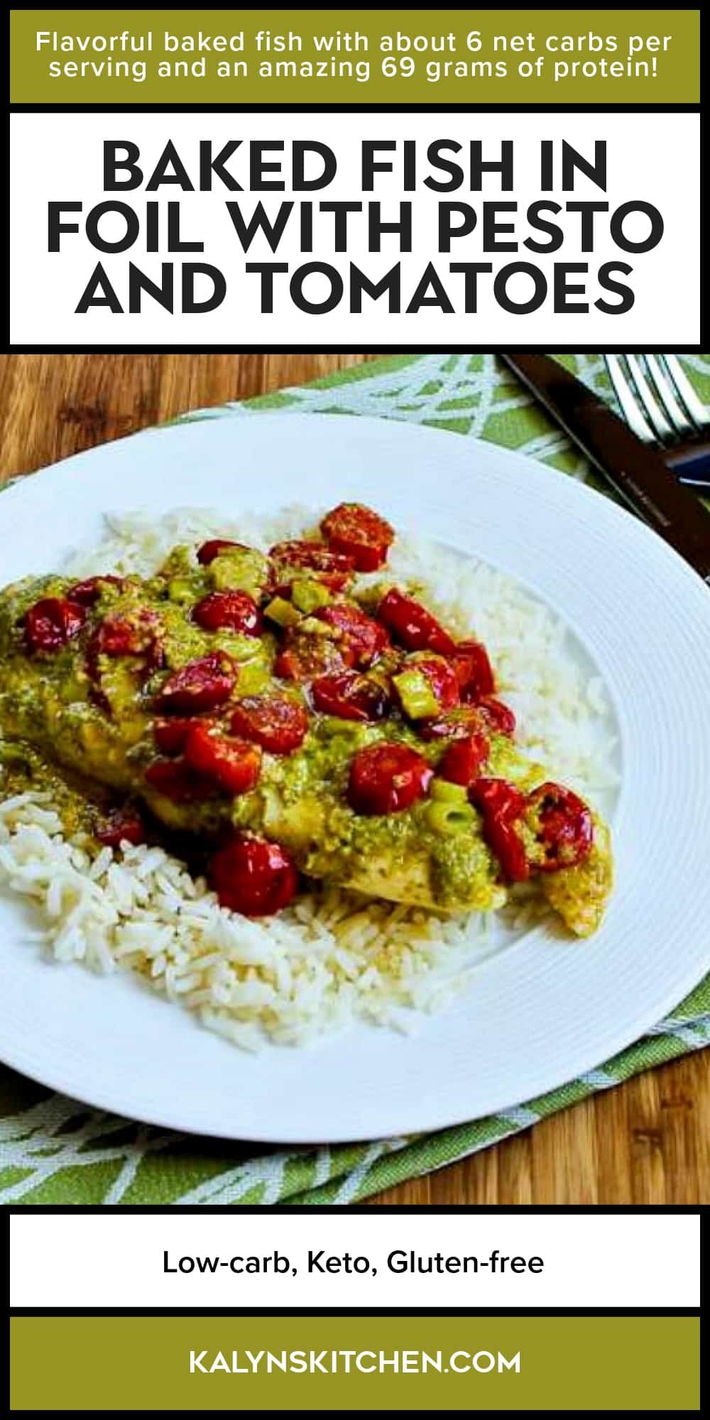 Pinterest image of Baked Fish in Foil with Pesto and Tomatoes